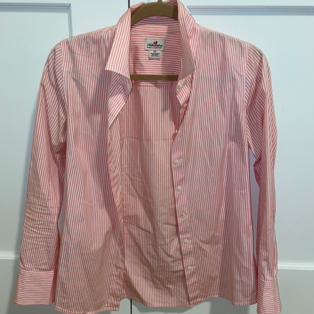 Pink and white striped button up from J Crew